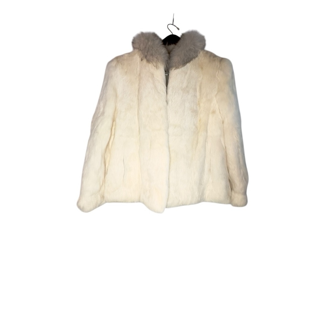 Vintage Sergio Valente Rabbit & Blue Fox Tail Fur Coat Ivory Off White Size: S